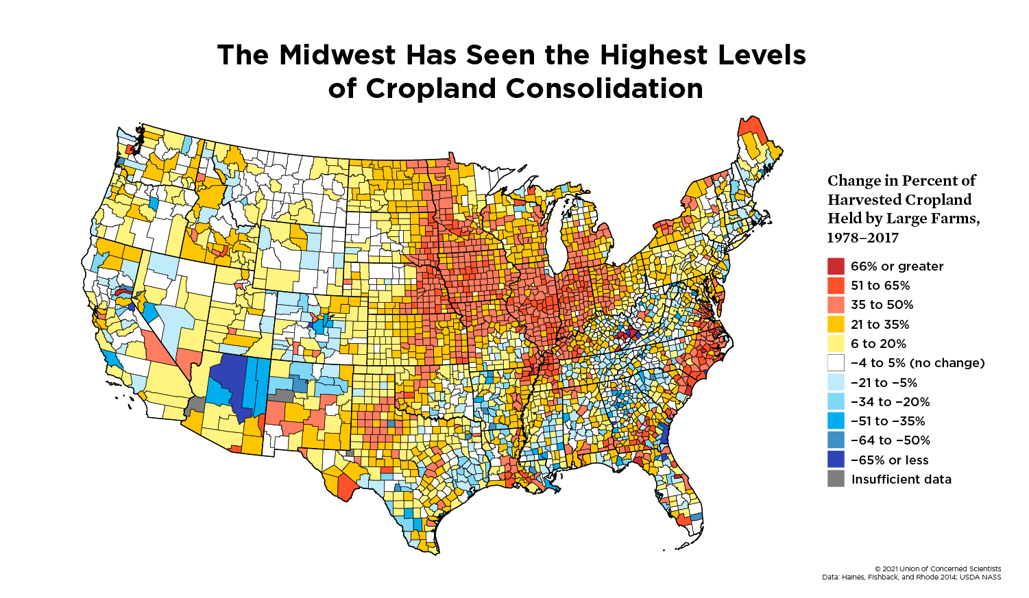 Map showing percent change in US farmland consolidation from 1978 to 2017